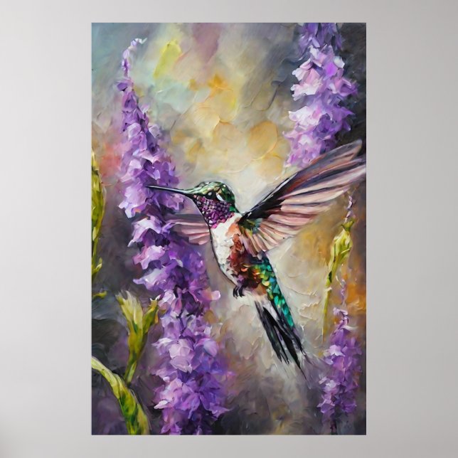 Affiche Aquarelle gracieuse Colibri violet Jardin Art (Devant)