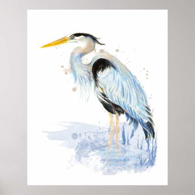 Affiche Aquarelle Great Blue Heron Oiseau Art (Devant)