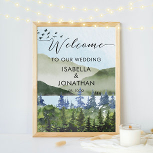 Affiche Aquarelle Green Forest Mountain Mariage Bienvenue
