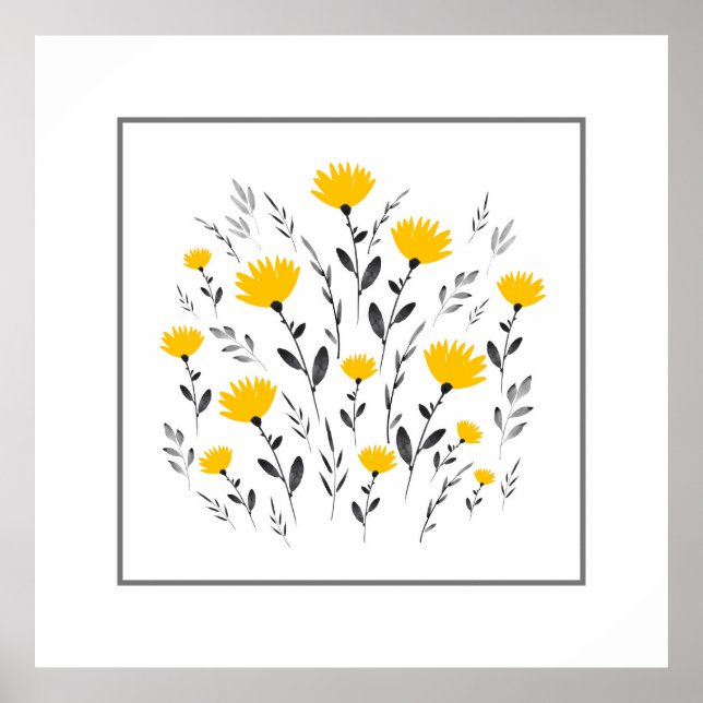 Affiche Aquarelle gris jaune moderne Motif floral (Devant)