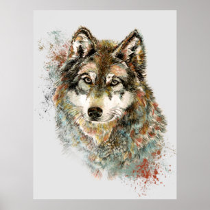 Affiche Aquarelle Gris Loup Faune Animal Nature Art