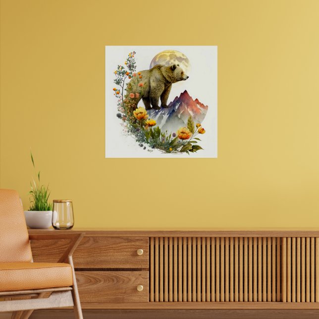 Affiche Aquarelle Grizzly Ours Montagnes Fleurs Lune (Salon 2)