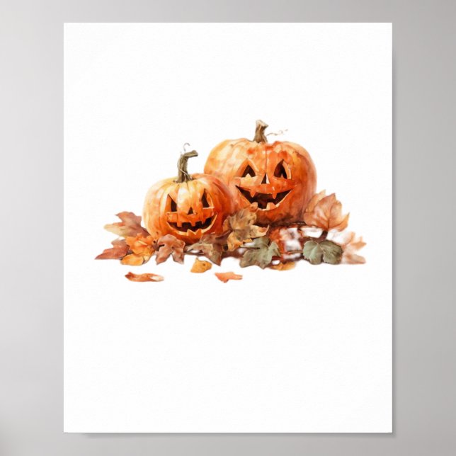 Affiche Aquarelle Halloween Citrouilles avec feuilles d'au (Devant)