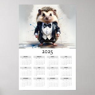 Affiche Aquarelle Hérisson Tux Bow Cravate 2025 Calendrier