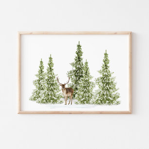 Affiche Aquarelle Hiver Arbres et Cerfs