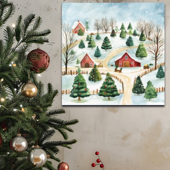 Affiche Aquarelle Hiver Paysage rustique avec Fir Trees (Créateur téléchargé)
