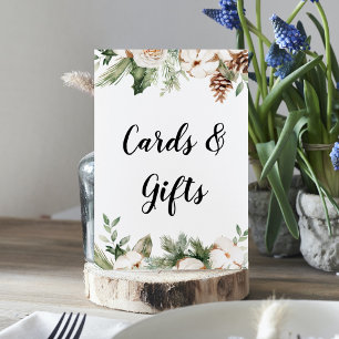 Affiche Aquarelle Hiver Pin vert Arbre et Fleurs blanches