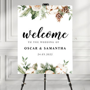 Affiche Aquarelle Hiver Pin vert Arbre et Fleurs blanches