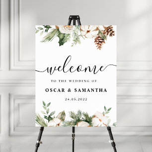 Affiche Aquarelle Hiver Pin vert Arbre et Fleurs blanches