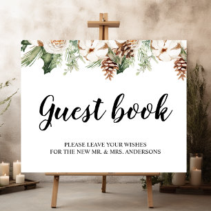 Affiche Aquarelle Hiver Pin vert Arbre et Fleurs blanches