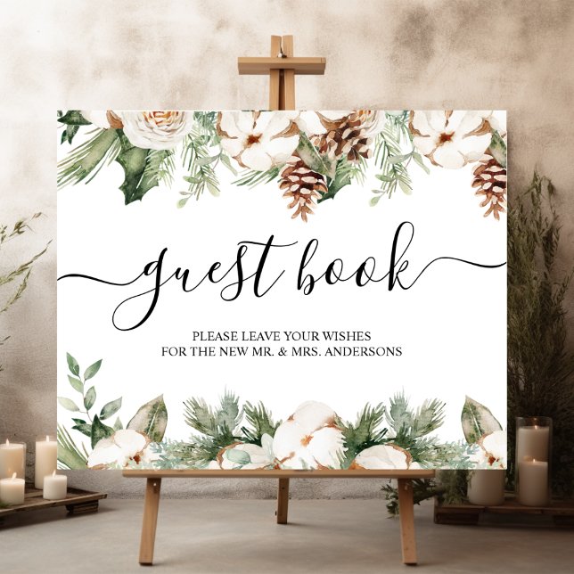 Affiche Aquarelle Hiver Pin vert Arbre et Fleurs blanches (Créateur téléchargé)