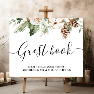 Affiche Aquarelle Hiver Pin vert Arbre et Fleurs blanches