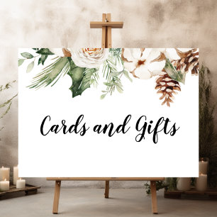 Affiche Aquarelle Hiver Pin vert Arbre et Fleurs blanches