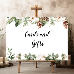 Affiche Aquarelle Hiver Pin vert Arbre et Fleurs blanches