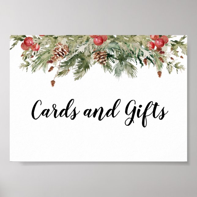 Affiche Aquarelle Hiver Pine verte Arbre et Pine Cône (Devant)