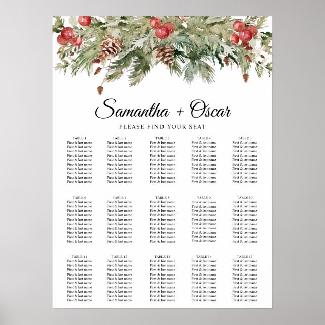 Affiche Aquarelle Hiver Pine verte Arbre et Pine Cône (Devant)