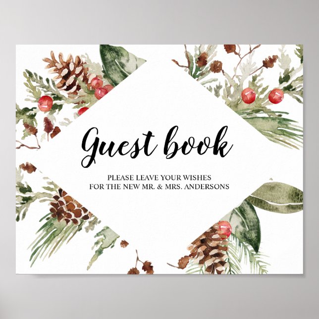 Affiche Aquarelle Hiver Pine verte Arbre et Pine Cône Pos (Devant)