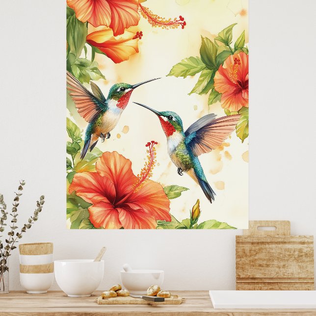Affiche Aquarelle Hummingbird and Flowers Design (Cuisine)