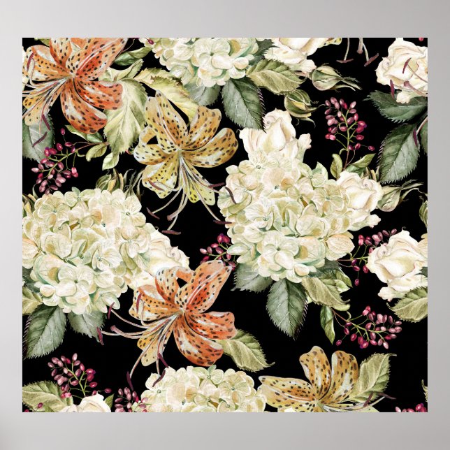 Affiche Aquarelle Hydrangeas Lys : Motif Floral (Devant)