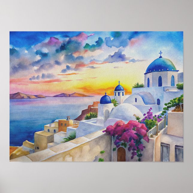 Affiche Aquarelle Ile grecque Paysage Art de Santorin (Devant)