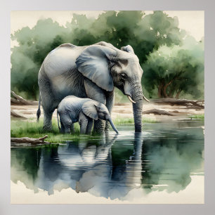 Affiche Aquarelle Illustration de maman et bébé éléphant