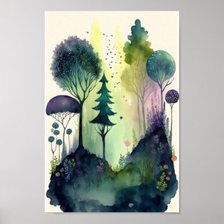 Affiche Aquarelle illustration d'une forêt de contes de fé