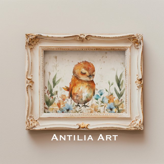 Affiche Aquarelle Illustration Oiseau Champ floral rustiqu (Créateur téléchargé)