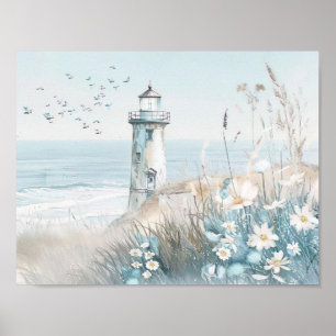 Affiche aquarelle illustration phare blanc
