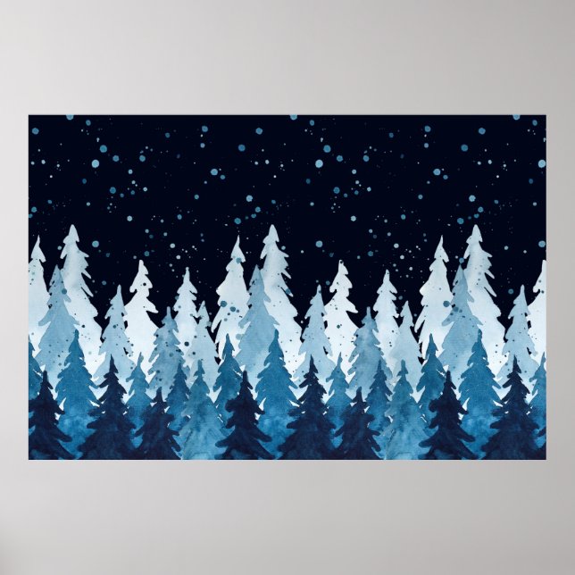 Affiche Aquarelle indigo pins bleus et neige dans (Devant)