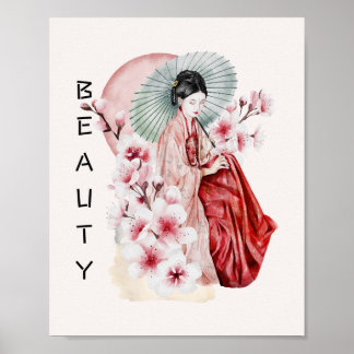 Affiche Aquarelle japonaise de Geisha avec Kimono et Sakur