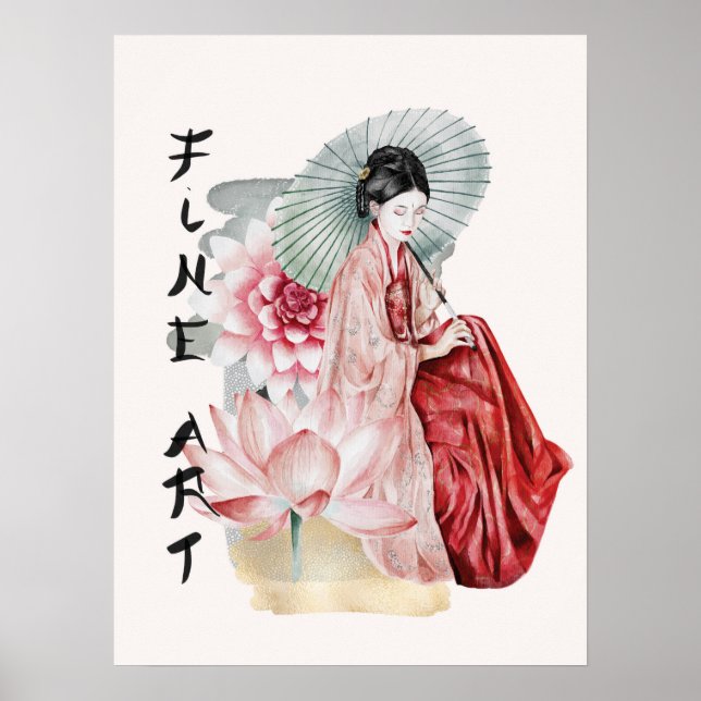 Affiche Aquarelle Japonaise Femme Parapluie Lotus Art (Devant)