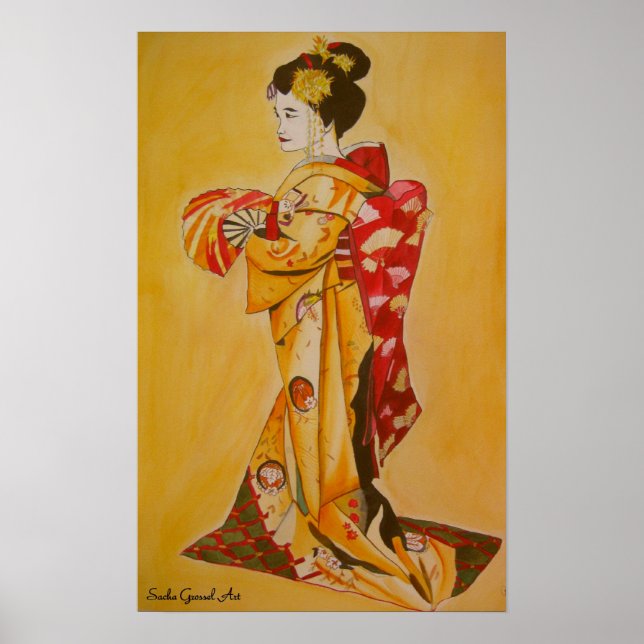 Affiche aquarelle japonaise Geisha peinture d'art original (Devant)