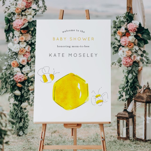 Affiche Aquarelle jaune Bumble Bee Baby shower Bienvenue (Watercolor buzzing bees honeycomb Baby Shower welcome poster sign.)