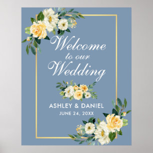 Affiche Aquarelle Jaune Floral Dusty Blue Mariage