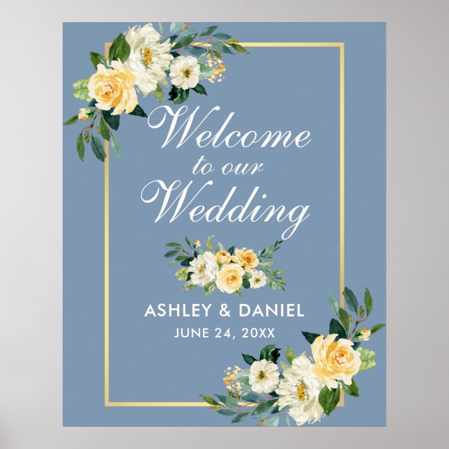Affiche Aquarelle Jaune Floral Dusty Blue Mariage (Devant)