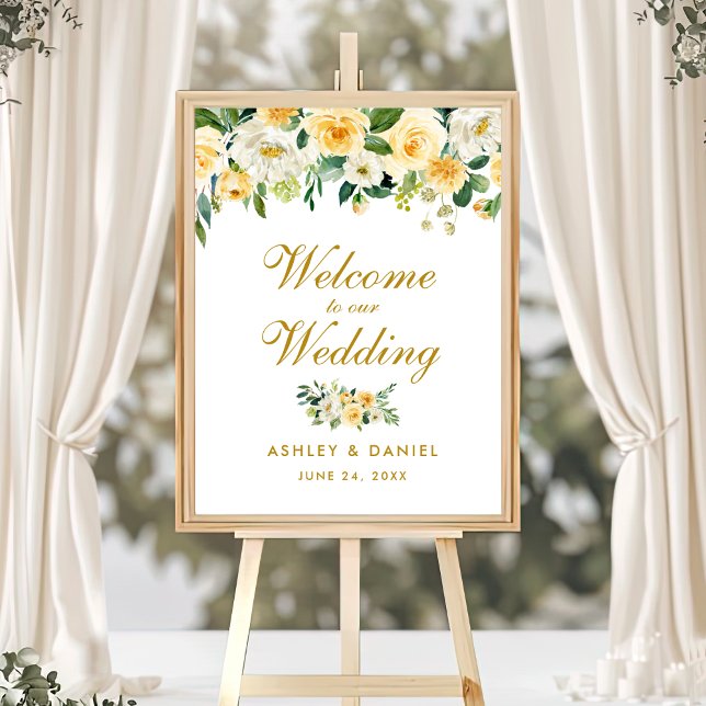Affiche Aquarelle Jaune or Mariage Floral Bienvenue (Customize to change text color, text size, text style or size of poster.)
