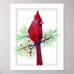 Affiche Aquarelle Joyeux Noël, Cardinal Red Bird