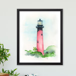 Affiche Aquarelle Jupiter Lighthouse Art<br><div class="desc">Parfait pour les chambres, les bureaux et les zones de vie dans votre maison de plage de Floride côtière à Jupiter. Cette affiche présente une reproduction de mon aquarelle peinte à la main d'origineIllustration du phare Jupiter dans les tons rouges. Pour en savoir plus sur l'art de Victoria Grigaliunas de...</div>