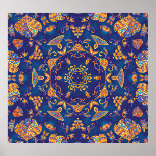 Affiche Aquarelle Kaleidoscope Mandala Oriental Design.