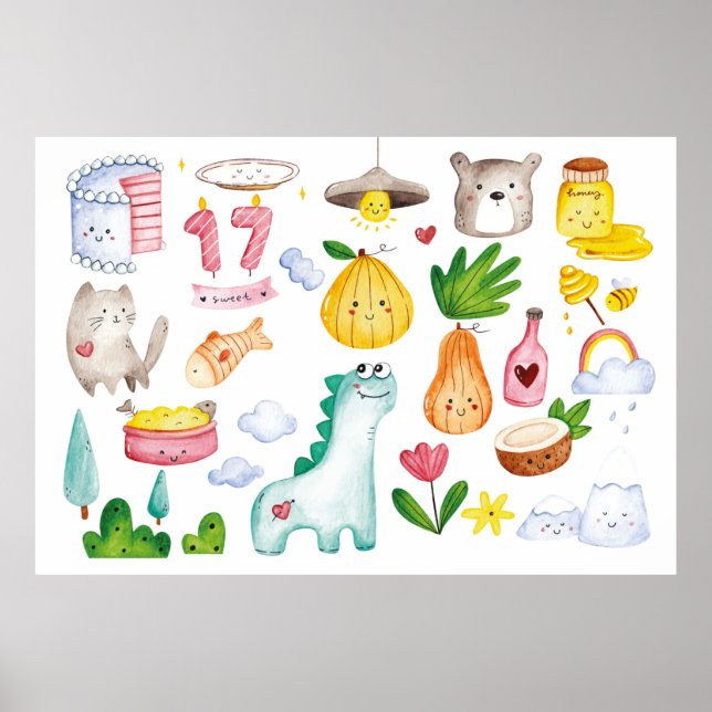 Affiche Aquarelle kawaii doodles isolés sur fond blanc (Devant)
