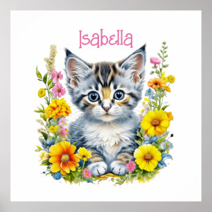 Affiche Aquarelle Kitten en Fleurs Personnalisé