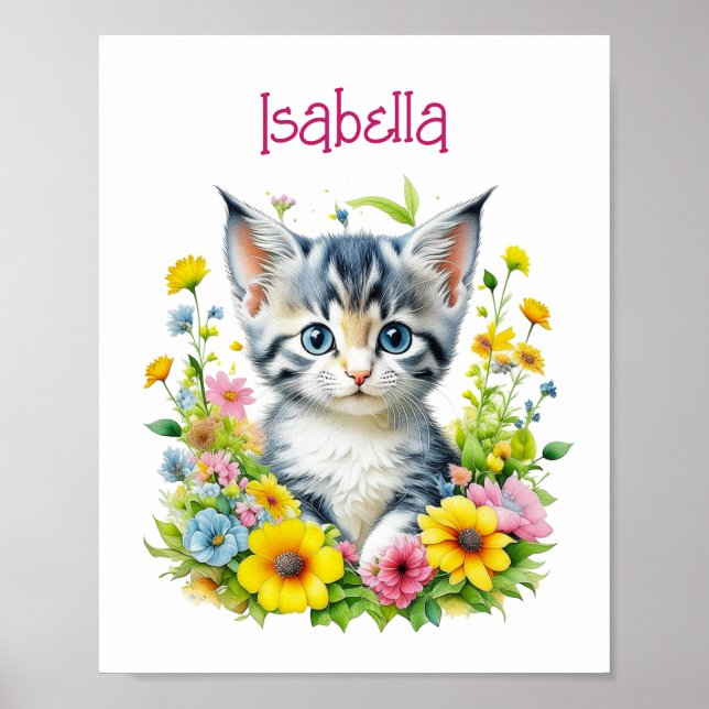 Affiche Aquarelle Kitten Fleurs Personnalisées (Devant)