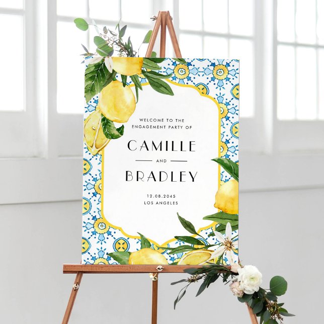 Affiche Aquarelle Lemon Méditerranéen (Customizable Mediterranean engagement welcome sign featuring watercolor lemon and Moroccan tile)