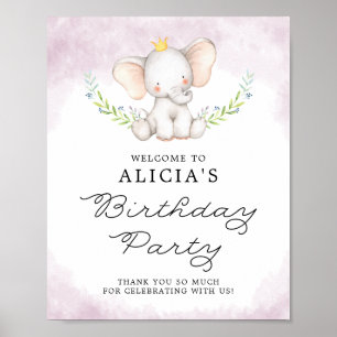 Affiche Aquarelle Lilac Bébé Eléphant Accueil d'anniversai