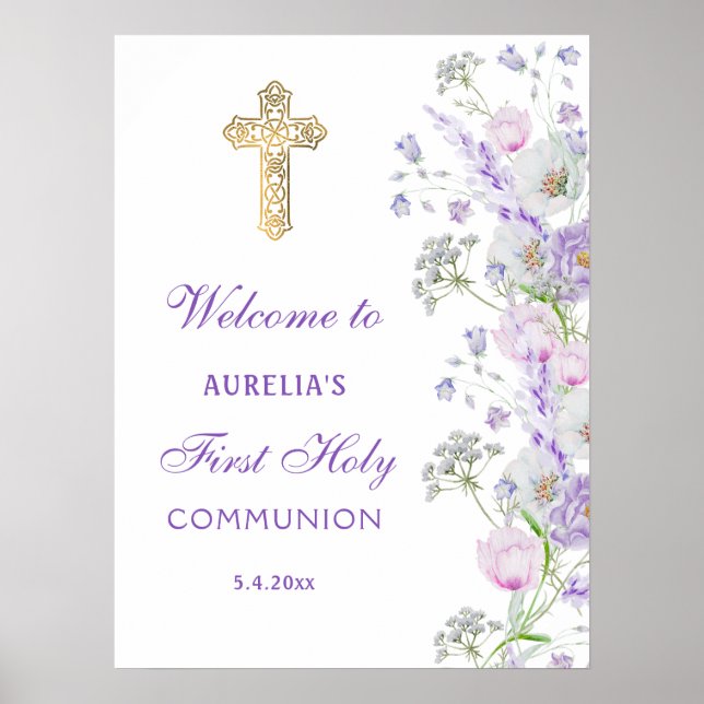 Affiche Aquarelle Lilac Fleurs Première communion Accueil (Devant)
