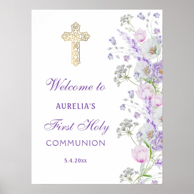 Affiche Aquarelle Lilac Fleurs Première communion Accueil (Devant)