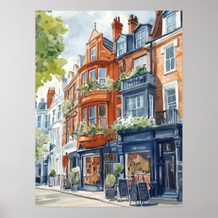 Affiche Aquarelle Londres : maisons de ville victoriennes