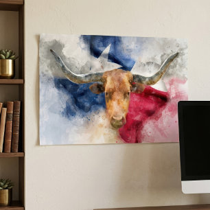 Affiche Aquarelle Longhorn du Texas avec carte du drapeau