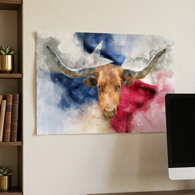 Affiche Aquarelle Longhorn du Texas avec carte du drapeau  (Texas Longhorn Watercolor with Flag Map Art. Poster)