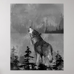 Affiche Aquarelle Loup Animalier Hurlement Solitaire